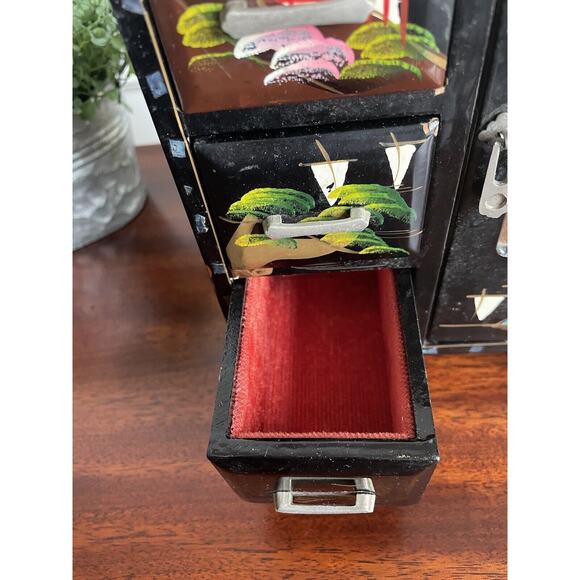 Vintage Black Lacquer Japanese Jewelry Box Ballerina Music Box Hand-painted - Picture 6 of 12